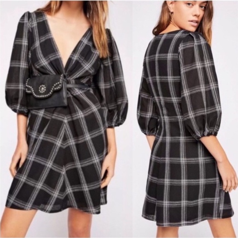 FREE PEOPLE Miss Molly Black White Plaid Mini Dress $128 EUC 0